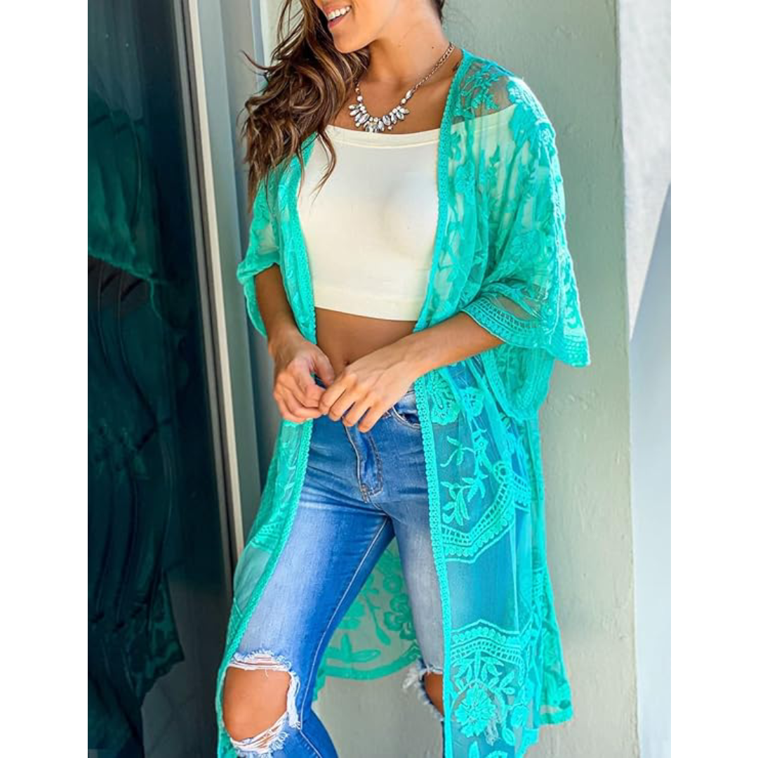 Bsubseach Mujer Kimono Cárdigan de Playa Traje de Baño Camisola y Pareos - A-Lake Verde