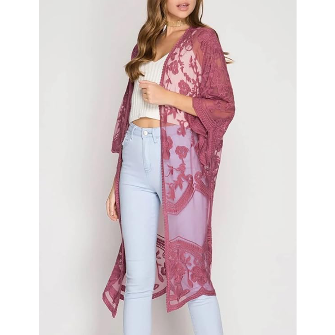 Bsubseach Mujer Kimono Cárdigan de Playa Traje de Baño Camisola y Pareos - A-Rosa oscuro