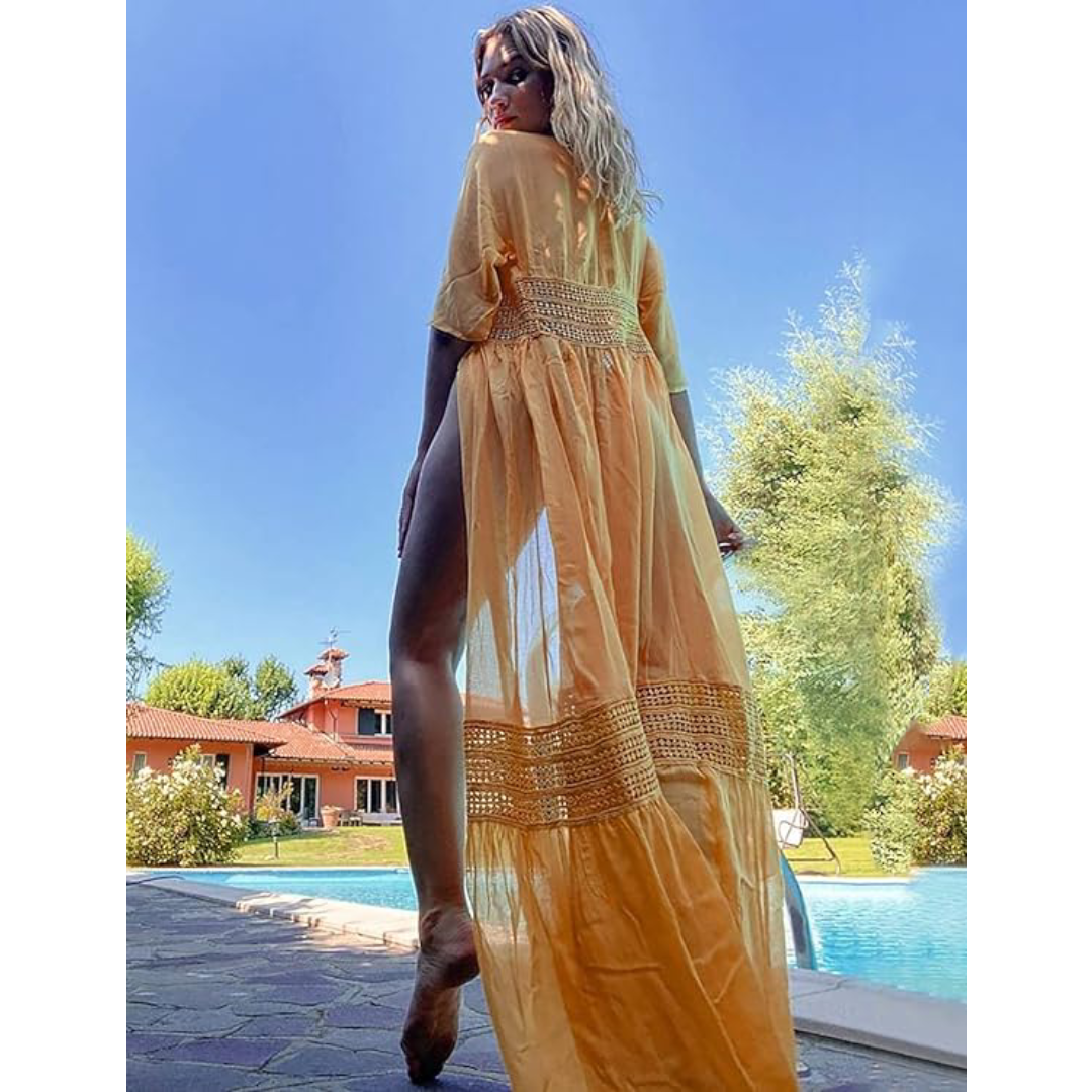 Bsubseach Mujer Traje de Baño Sexy Crochet Kimono Verano, Camisola y Pareos - Amarillo