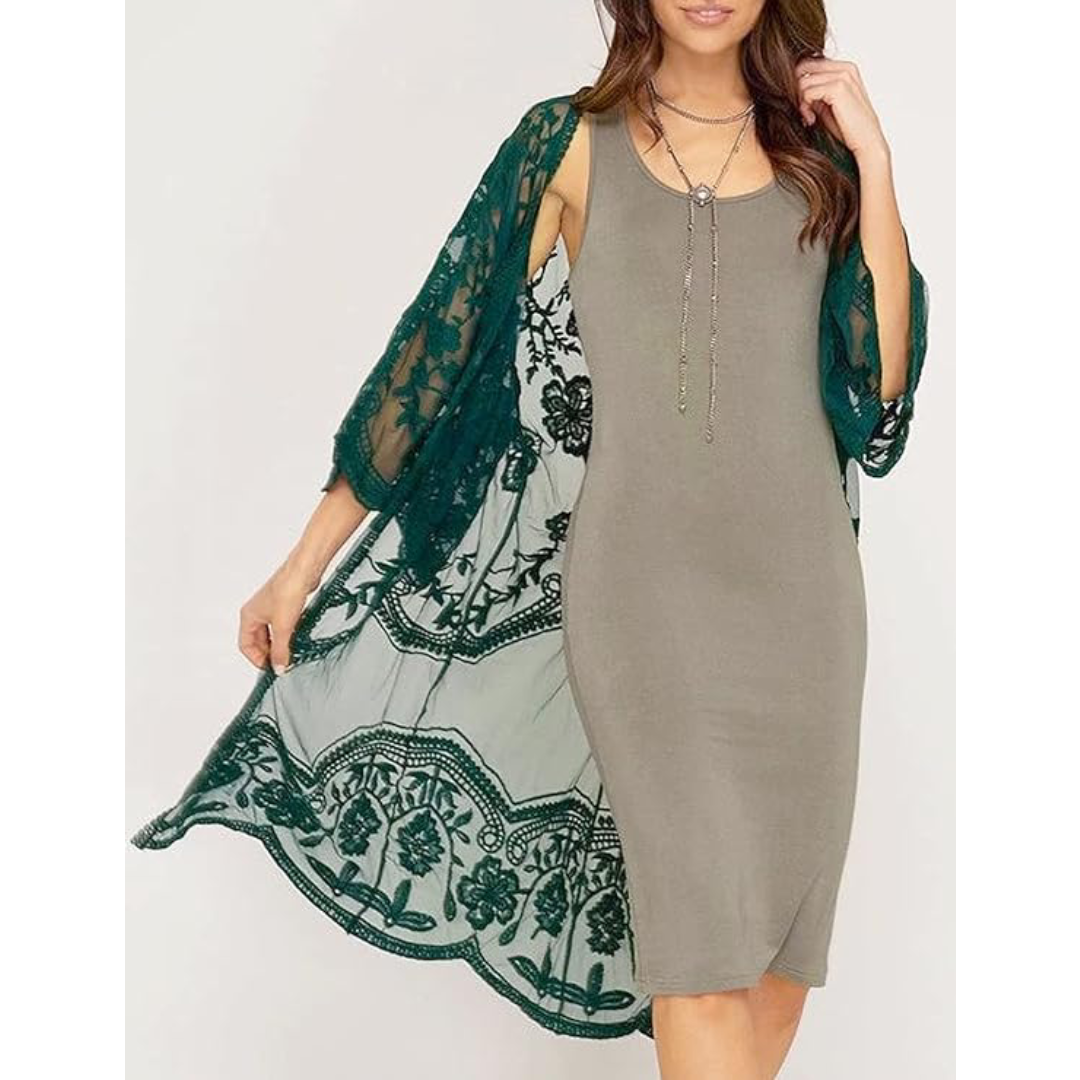 Bsubseach Mujer Kimono Cárdigan de Playa Traje de Baño Camisola y Pareos - A-Verde oscuro