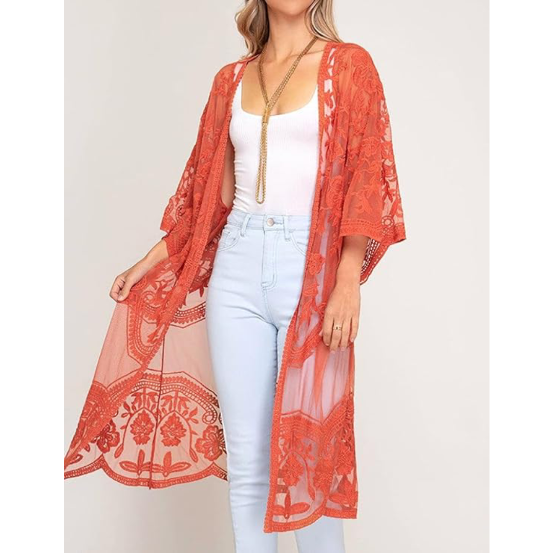Bsubseach Mujer Kimono Cárdigan de Playa Traje de Baño Camisola y Pareos - A-Naranja