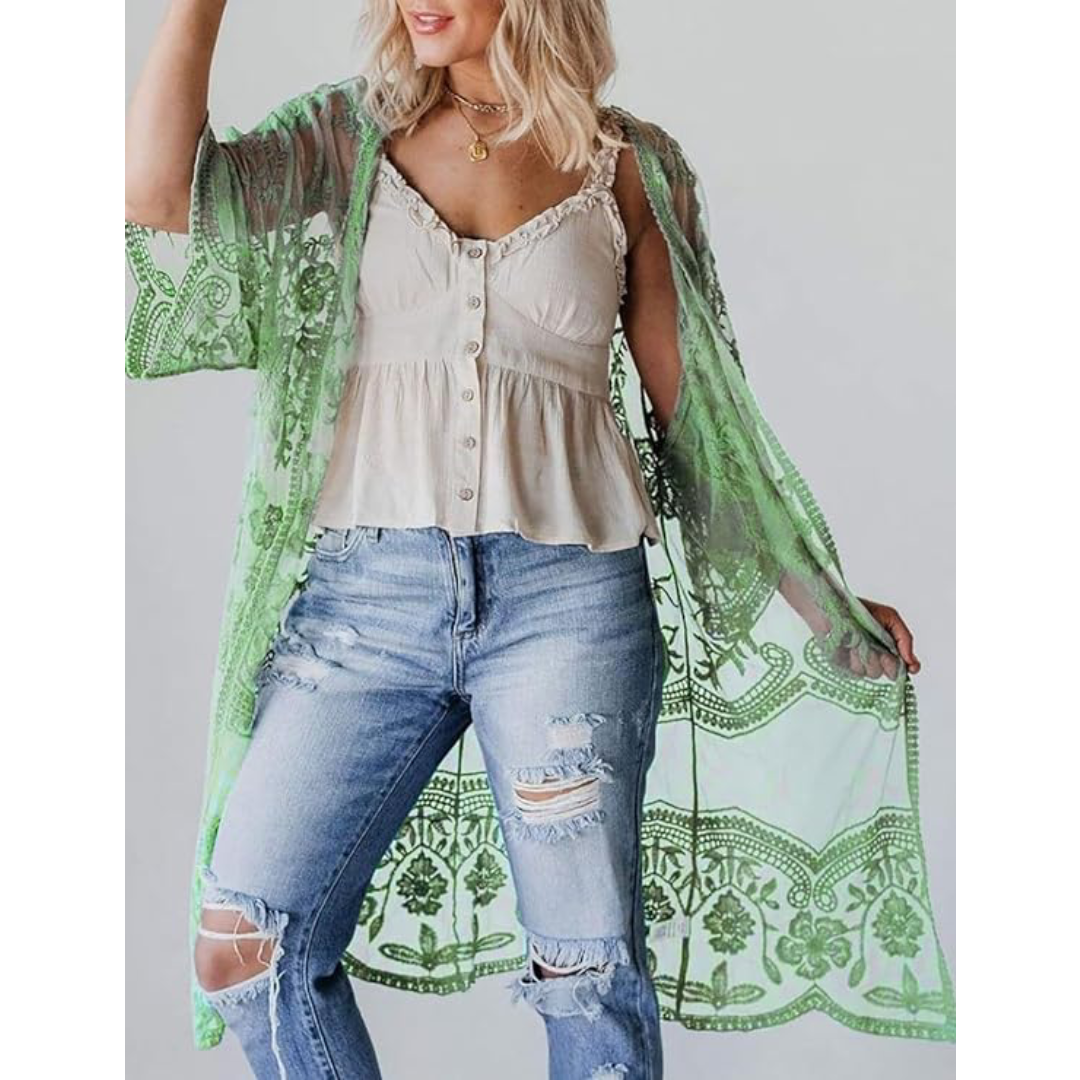 Bsubseach Mujer Kimono Cárdigan de Playa Traje de Baño Camisola y Pareos - A-Verde claro