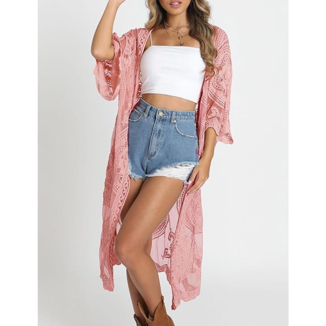 Bsubseach Mujer Kimono Cárdigan de Playa Traje de Baño Camisola y Pareos - E-Rosa