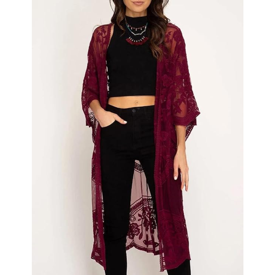 Bsubseach Mujer Kimono Cárdigan de Playa Traje de Baño Camisola y Pareos - A-Vino