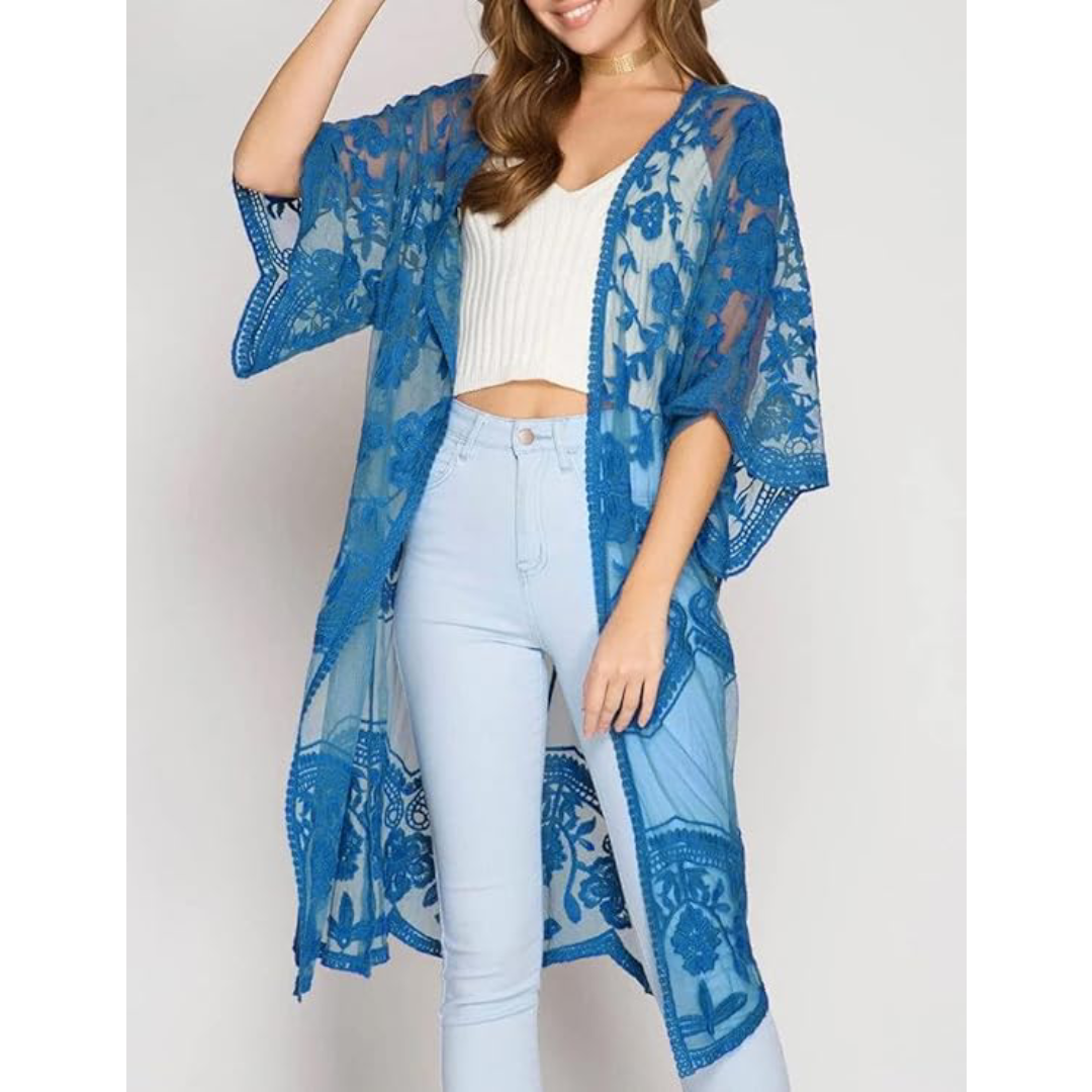 Bsubseach Mujer Kimono Cárdigan de Playa Traje de Baño Camisola y Pareos - A-Azul oscuro 1