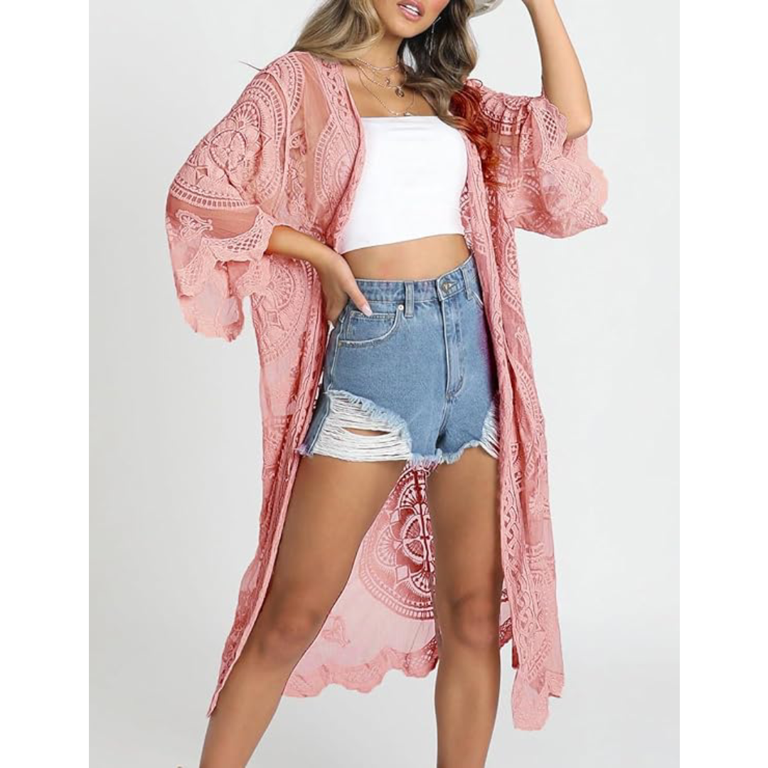 Bsubseach Mujer Kimono Cárdigan de Playa Traje de Baño Camisola y Pareos - E-Rosa