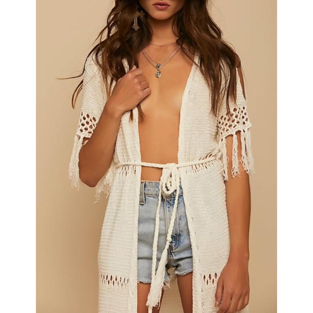 Bsubseach Mujer Traje de Baño Sexy Crochet Kimono Verano, Camisola y Pareos - Beige