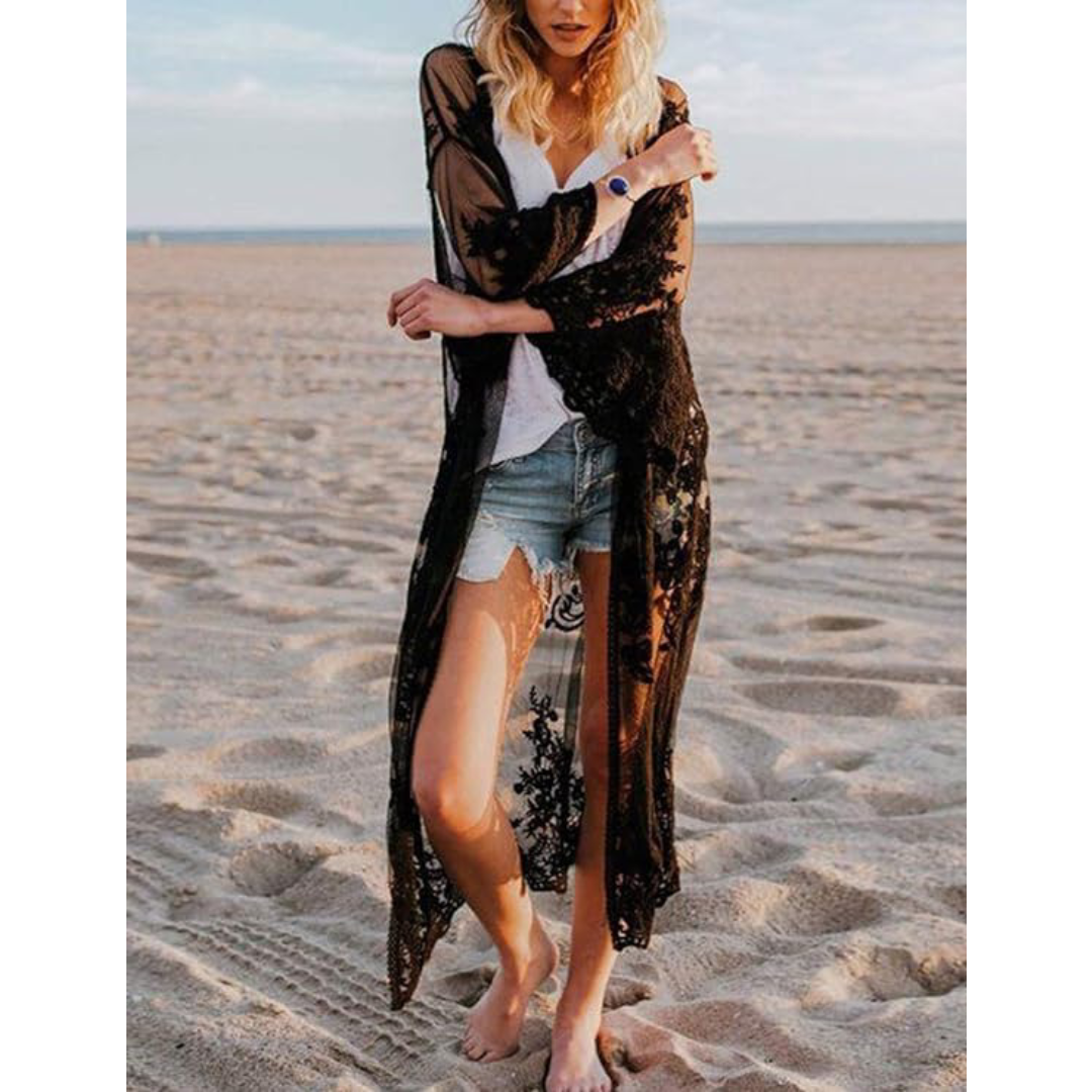 Bsubseach Mujer Traje de Baño Sexy Crochet Kimono Verano, Camisola y Pareos - B-Negro