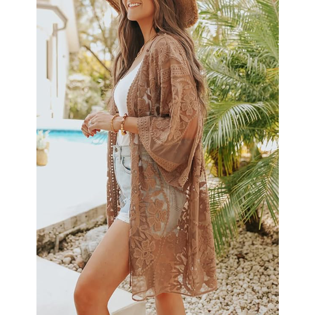 Bsubseach Mujer Traje de Baño Sexy Crochet Kimono Verano, Camisola y Pareos - Caqui