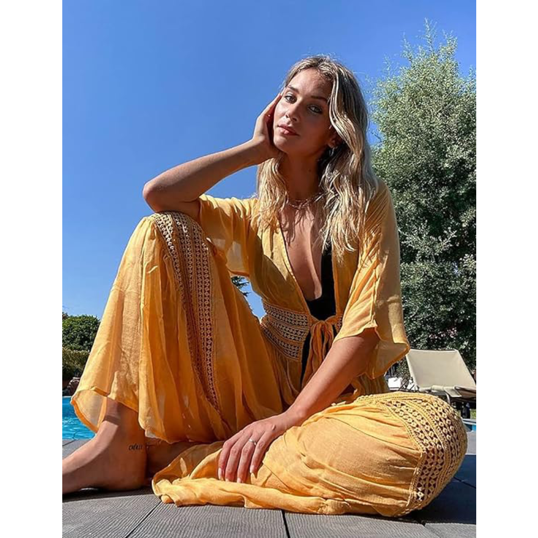Bsubseach Mujer Traje de Baño Sexy Crochet Kimono Verano, Camisola y Pareos - Amarillo