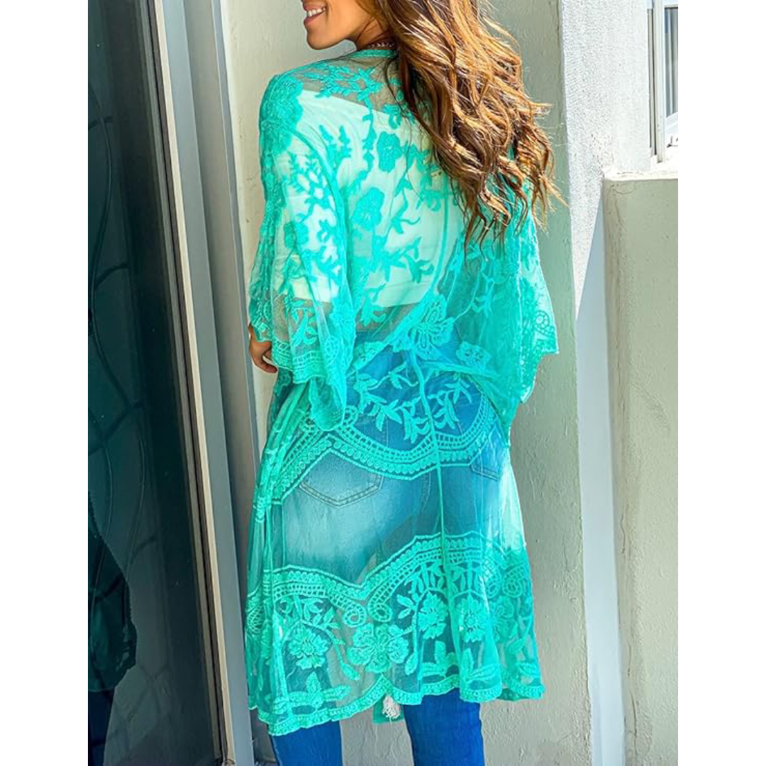Bsubseach Mujer Kimono Cárdigan de Playa Traje de Baño Camisola y Pareos - A-Lake Verde