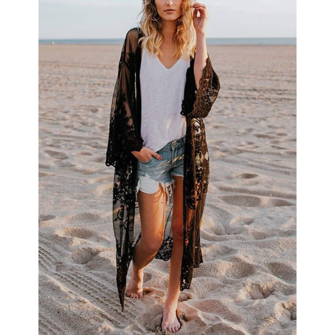 Bsubseach Mujer Traje de Baño Sexy Crochet Kimono Verano, Camisola y Pareos - B-Negro