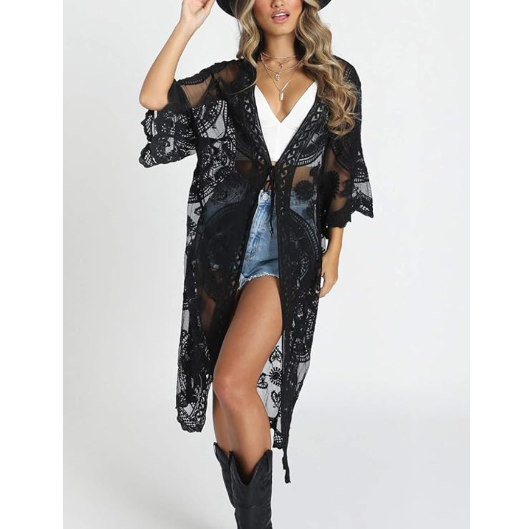 Bsubseach Mujer Kimono Cárdigan de Playa Traje de Baño Camisola y Pareos - E-Negro