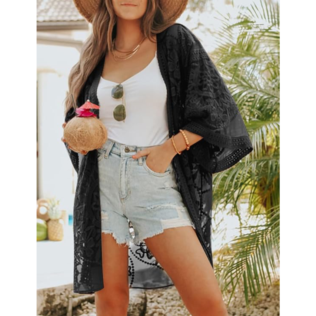 Bsubseach Mujer Traje de Baño Sexy Crochet Kimono Verano, Camisola y Pareos - D-Negro