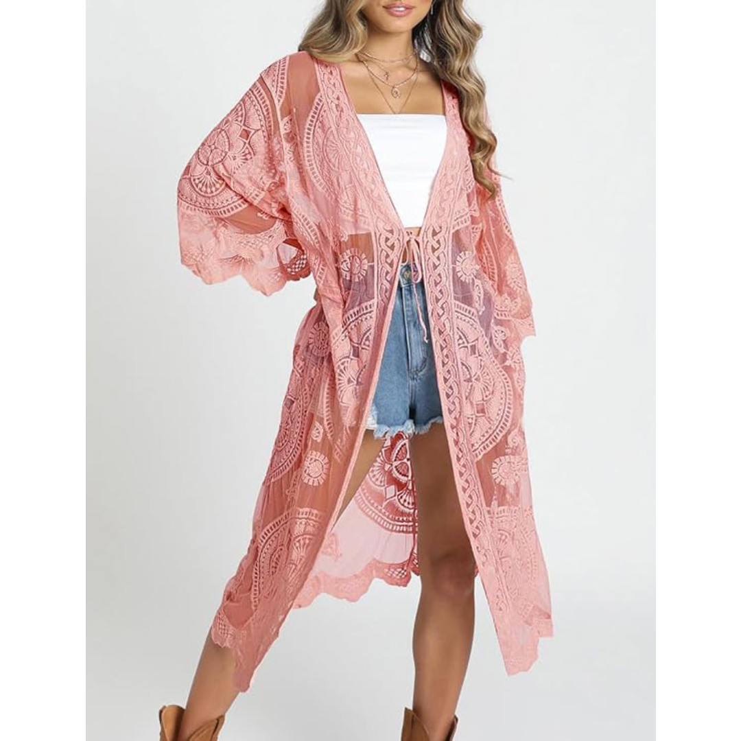 Bsubseach Mujer Kimono Cárdigan de Playa Traje de Baño Camisola y Pareos - E-Rosa