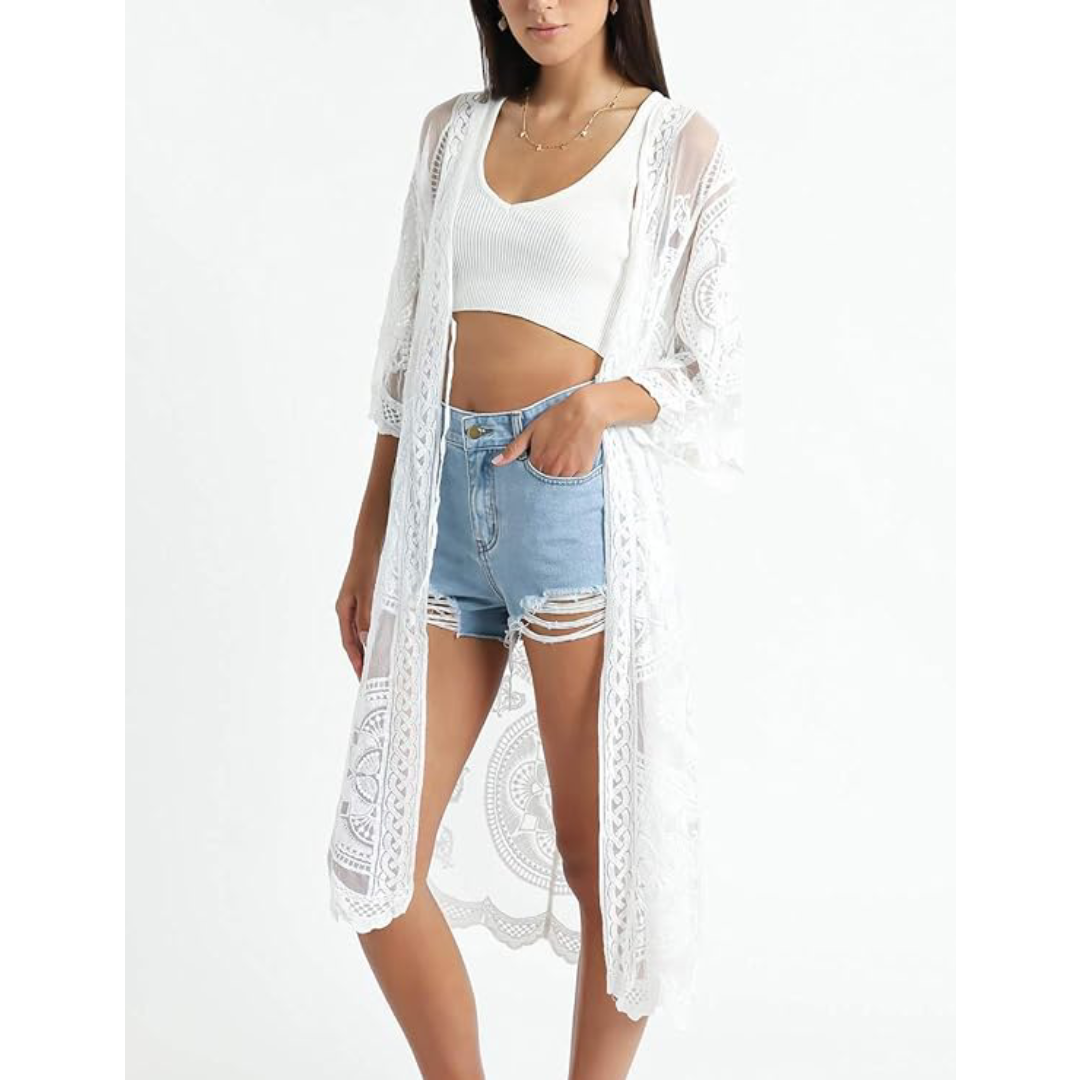 Bsubseach Mujer Kimono Cárdigan de Playa Traje de Baño Camisola y Pareos - E-Blanco
