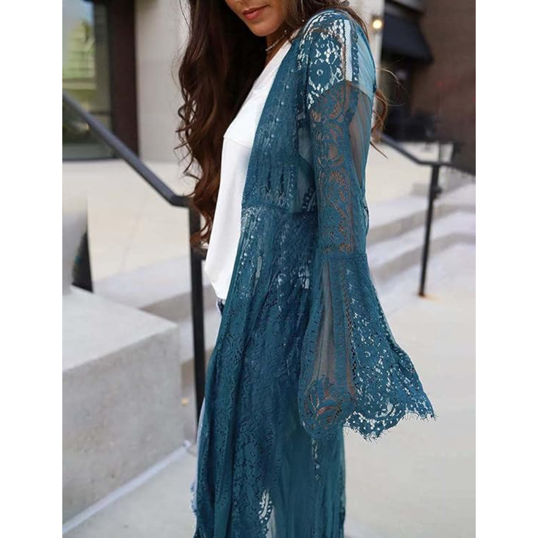 Bsubseach Mujer Traje de Baño Sexy Crochet Kimono Verano, Camisola y Pareos - F-Pavo real Azul