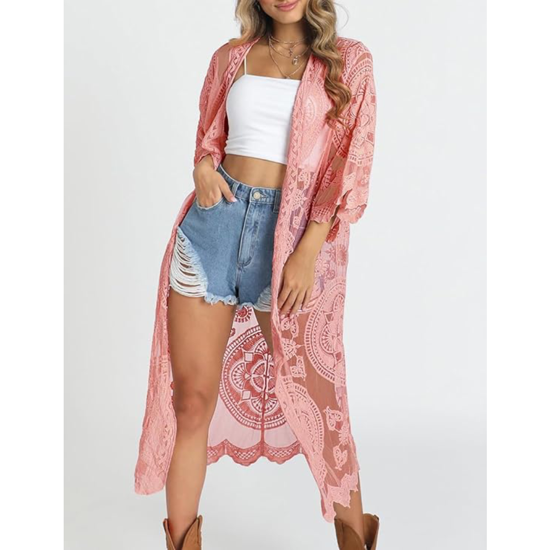 Bsubseach Mujer Kimono Cárdigan de Playa Traje de Baño Camisola y Pareos - E-Rosa