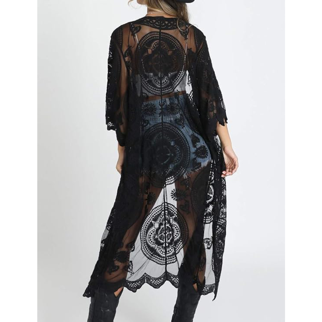 Bsubseach Mujer Kimono Cárdigan de Playa Traje de Baño Camisola y Pareos - E-Negro