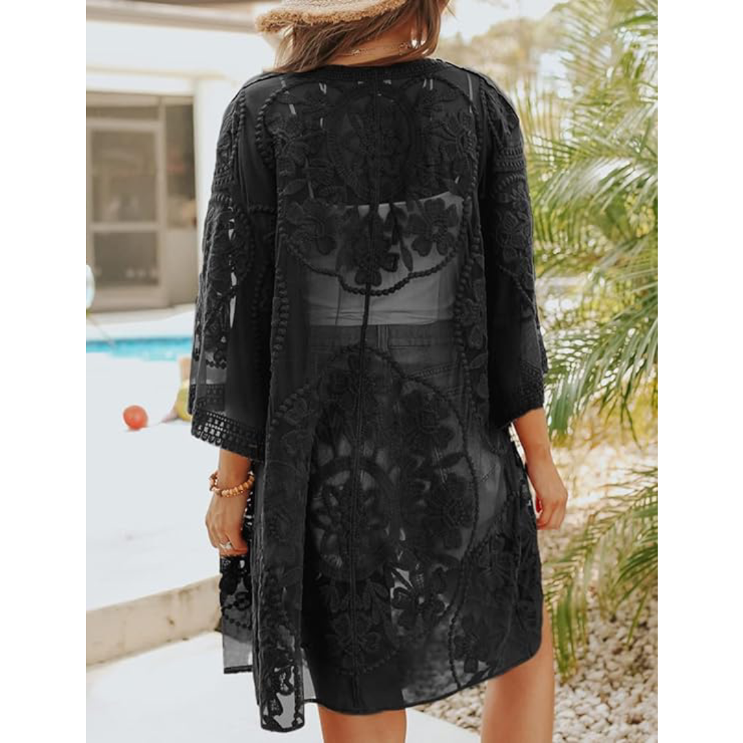 Bsubseach Mujer Traje de Baño Sexy Crochet Kimono Verano, Camisola y Pareos - D-Negro