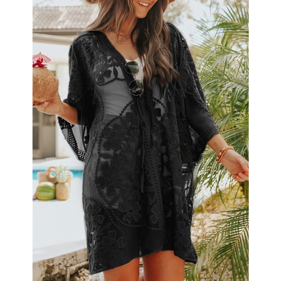 Bsubseach Mujer Traje de Baño Sexy Crochet Kimono Verano, Camisola y Pareos - D-Negro