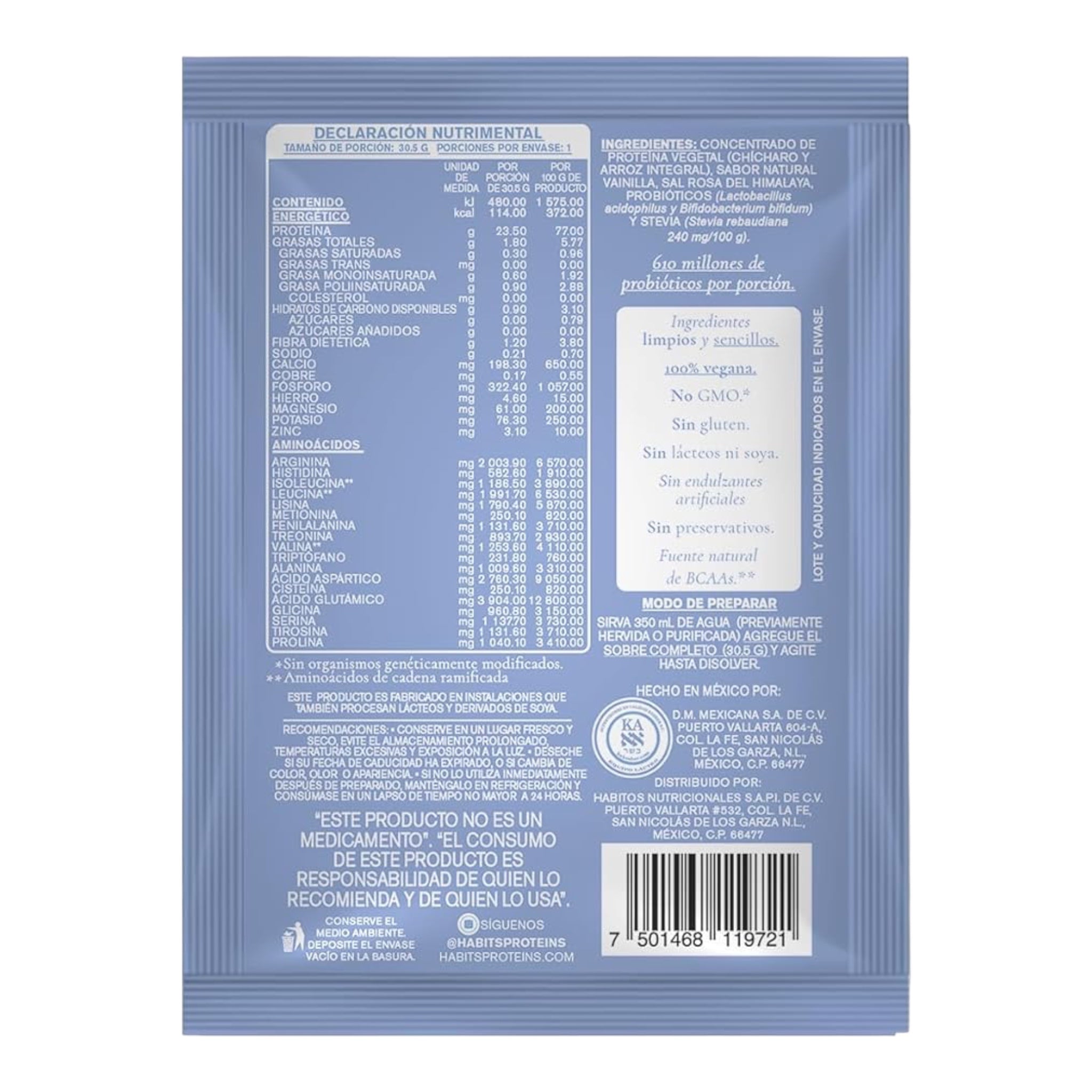16 Sobres HABITS BY NFK - Proteína Vegana en Polvo sabor Vainilla - 23.5 g