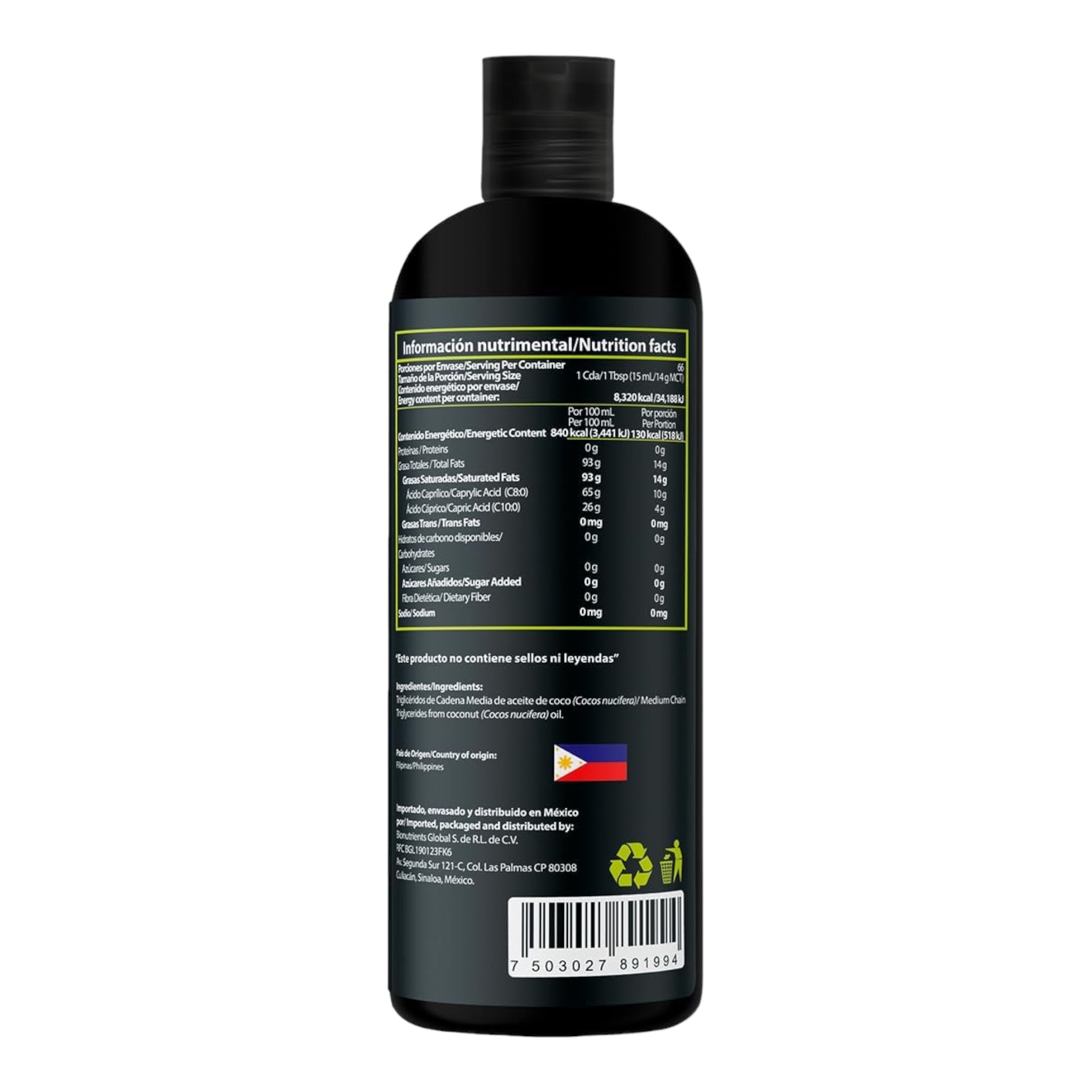 Wellthy MCT Oil 1 Litro, 66 Porciones, Ácido Caprílico 100% Puro y Natural de Coco, KETO y Paleo Safe