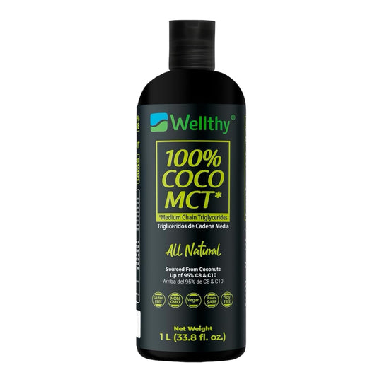 Wellthy MCT Oil 1 Litro, 66 Porciones, Ácido Caprílico 100% Puro y Natural de Coco, KETO y Paleo Safe
