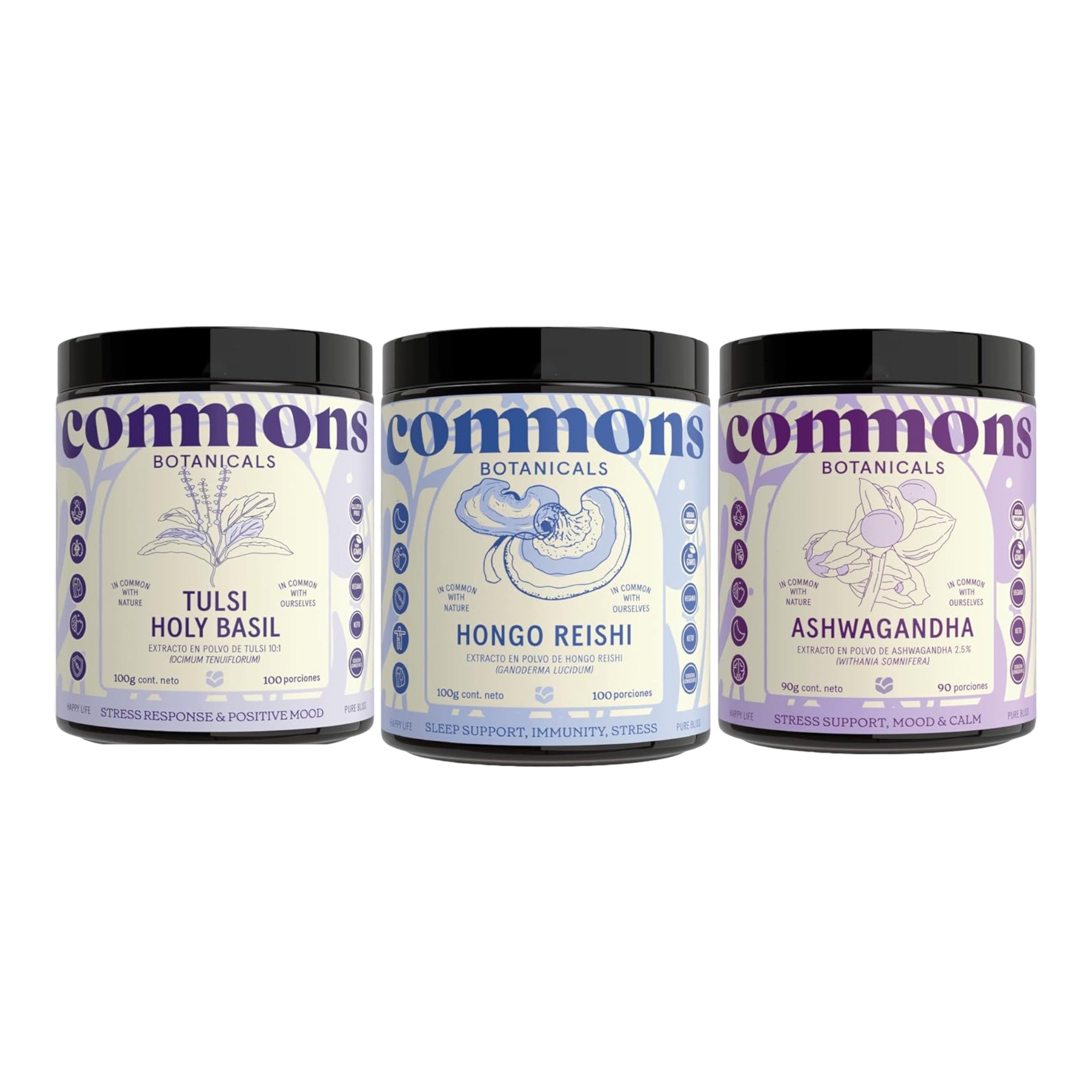Commons Kit Calma - Extracto Puro de adaptogenos en polvo 3 frascos de 100gr