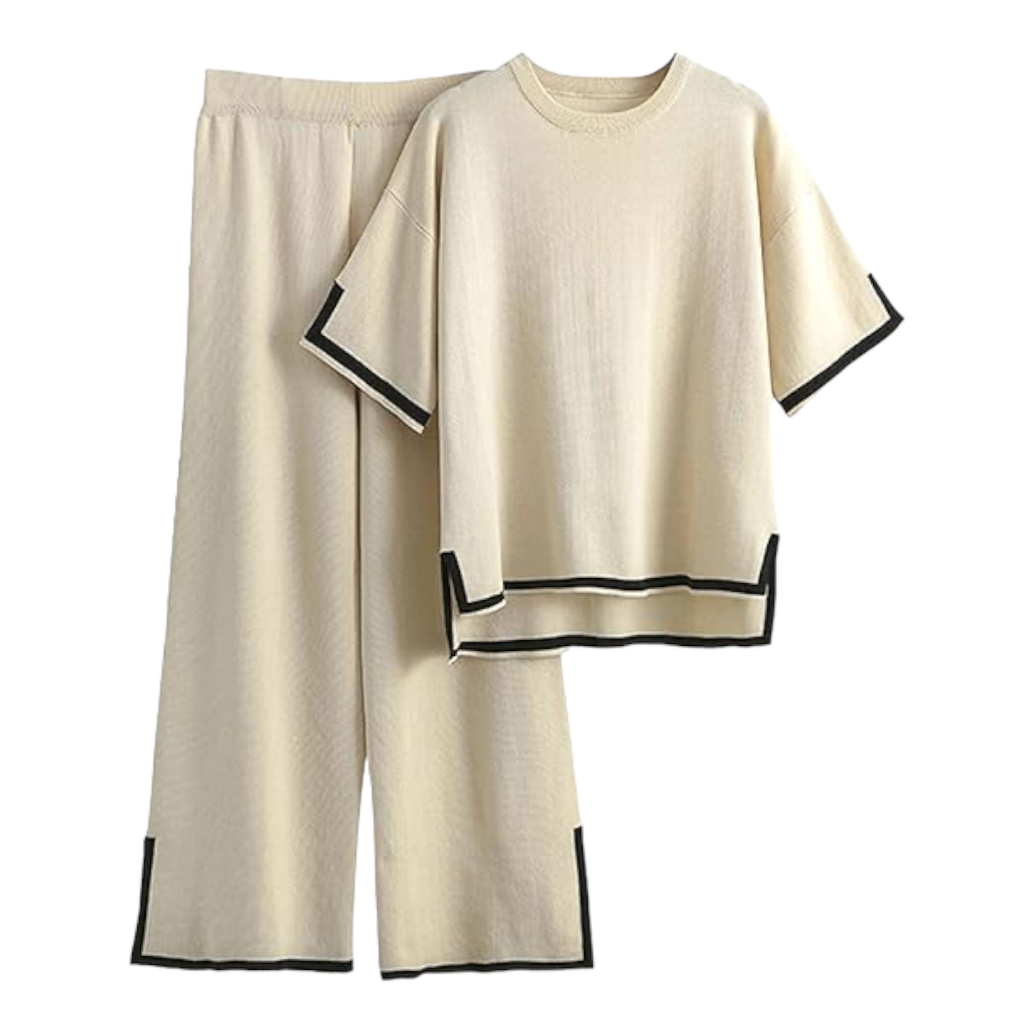 Tanming - Conjunto de suéter manga corta de punto y pantalones de pierna ancha
