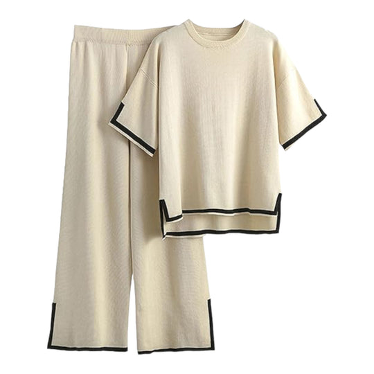 Tanming - Conjunto de suéter manga corta de punto y pantalones de pierna ancha