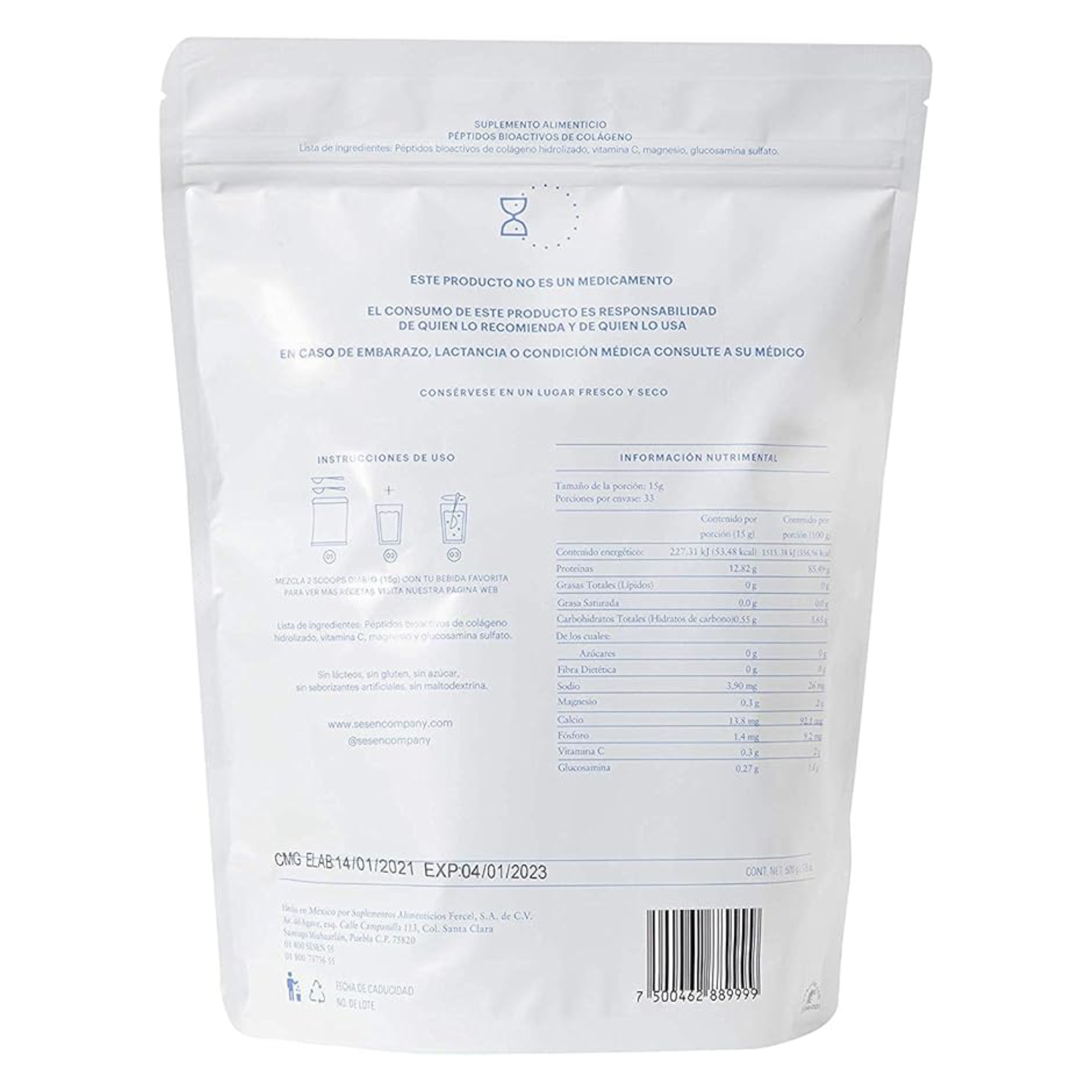 SESĒN Colágeno Hidrolizado en polvo + Vitamina C + Magnesio+ Glucosamina Bolsa con 500 g