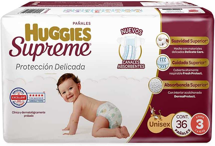 Huggies Supreme Pañal Desechable para Bebé, Etapa 3 Unisex, Caja con 180 Piezas, Ideales para Bebés de 7 a 10 kg