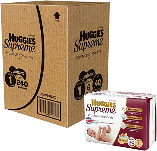 Huggies Supreme Pañal Desechable para Bebé, Etapa 1 Unisex, Caja con 240 Piezas, Ideal para Bebés de 3 a 5.5 kg