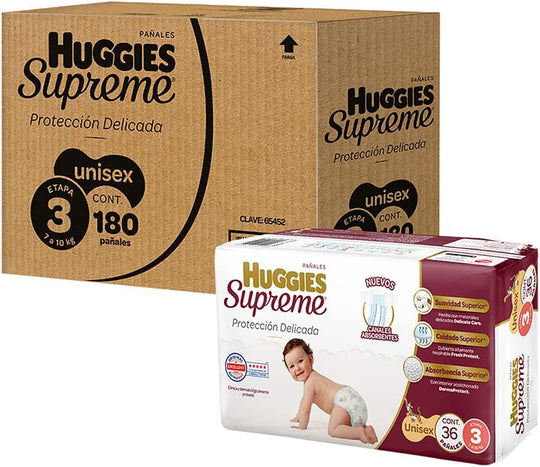 Huggies Supreme Pañal Desechable para Bebé, Etapa 3 Unisex, Caja con 180 Piezas, Ideales para Bebés de 7 a 10 kg