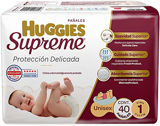 Huggies Supreme Pañal Desechable para Bebé, Etapa 1 Unisex, Caja con 240 Piezas, Ideal para Bebés de 3 a 5.5 kg