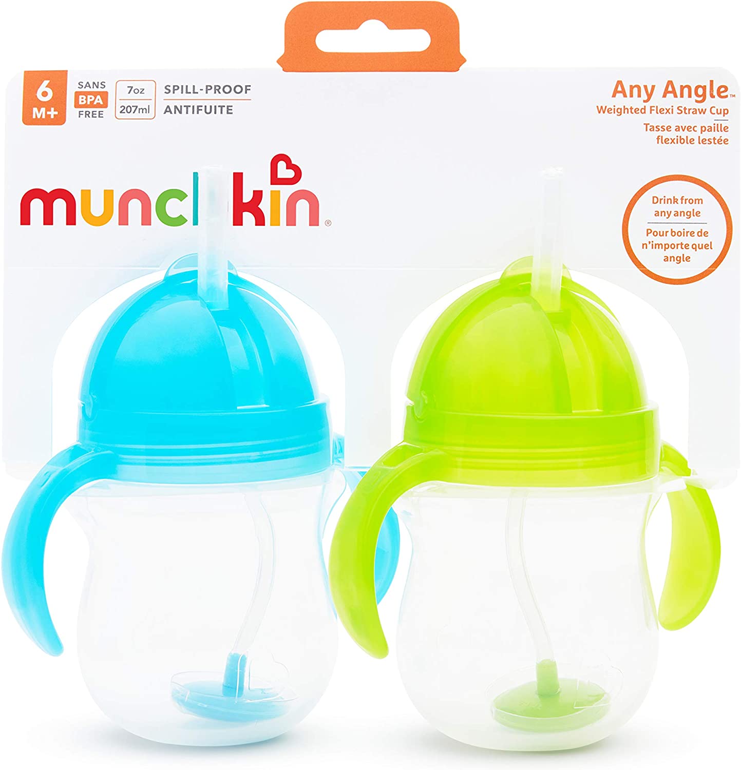 Munchkin Click Lock Weighted Straw Cup, 7 Ounce, 2 Pack, Blue/Green